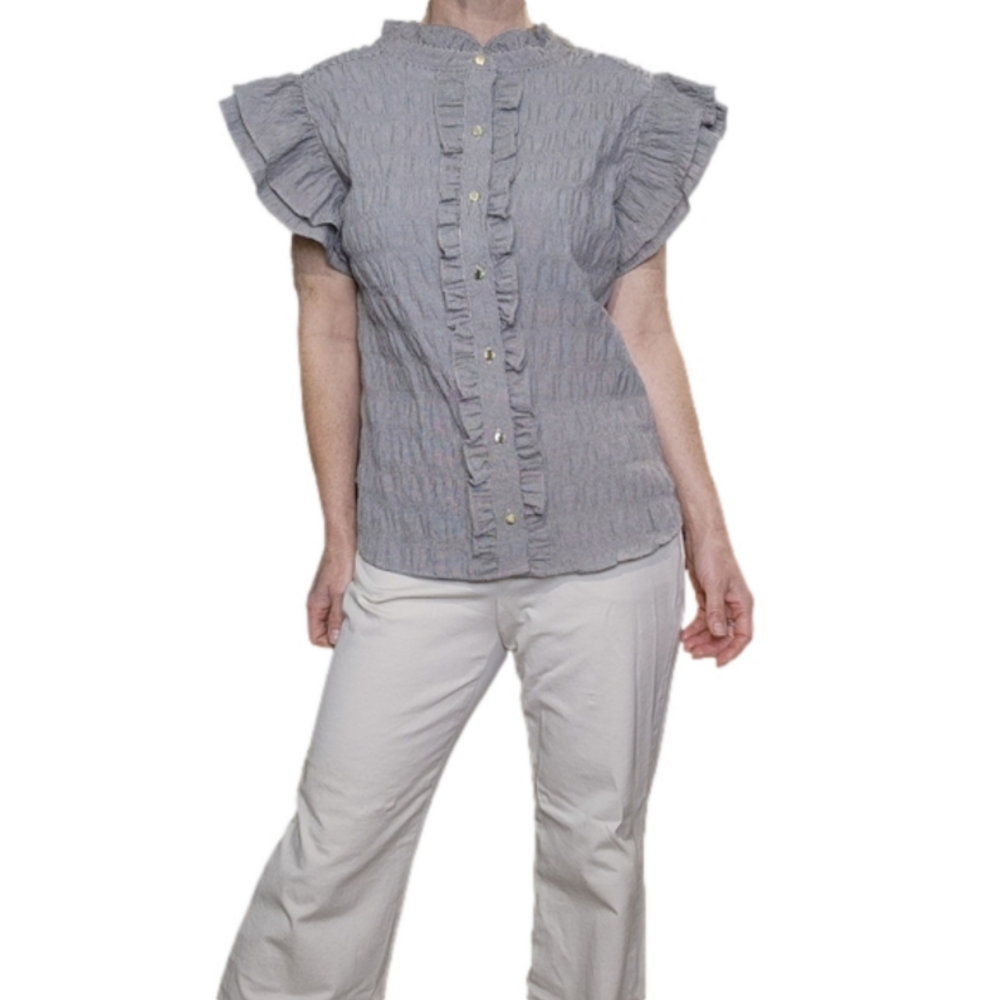 Blouse Flutter sleeves Ruffles Brown Cream Gingham pattern Size L DKNY NWT